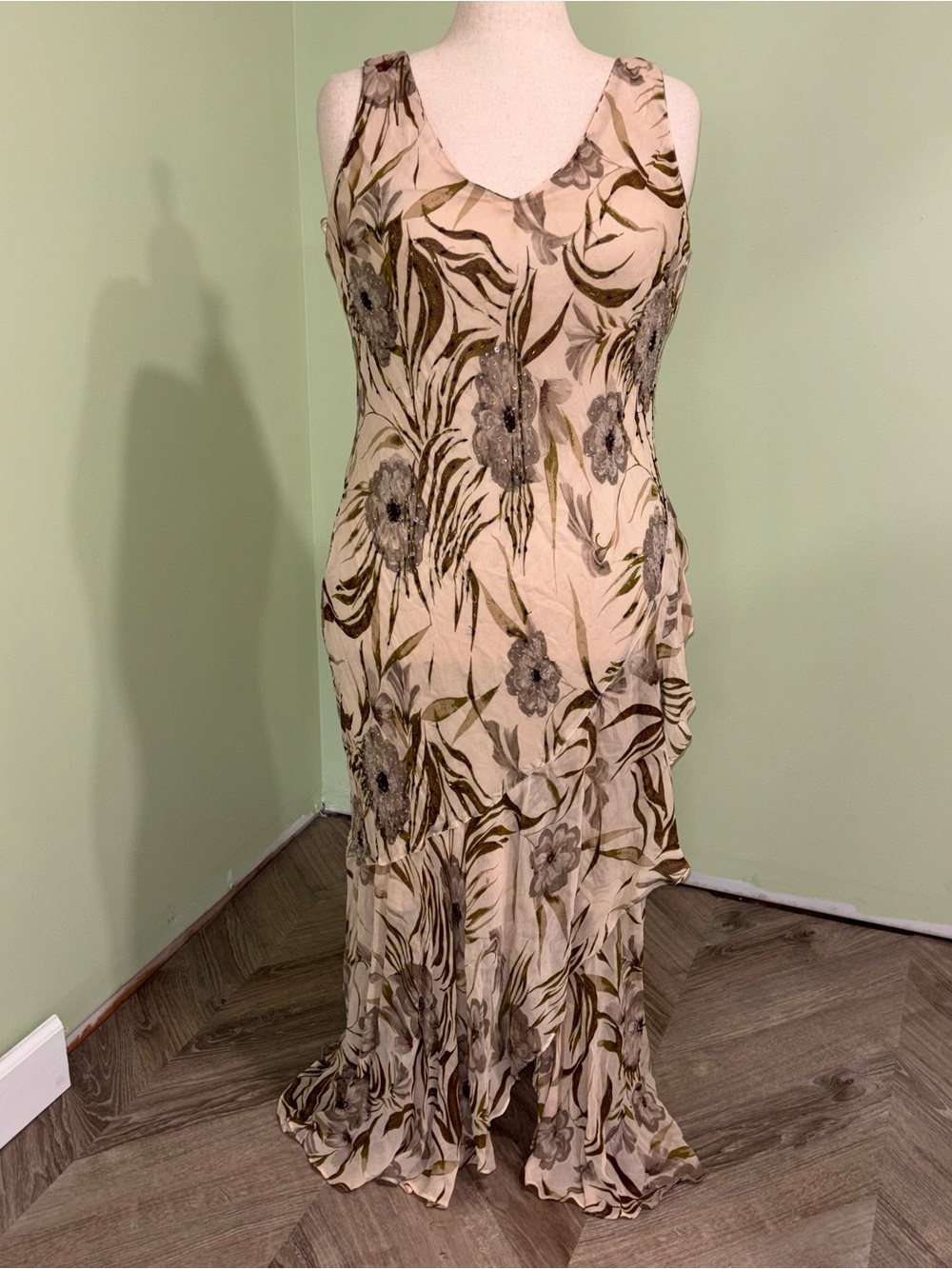 Eva Blue Y2K Beaded Floral Asymmetric Ruffle Hem Dress Fairy Boho Women’s Sz 16
